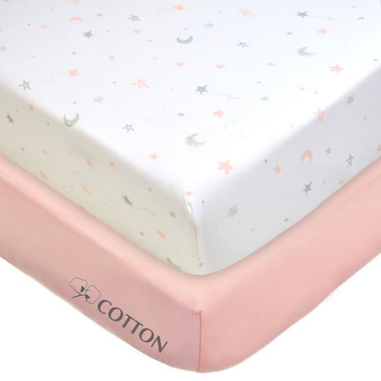 Picture of American Baby Company 2 Pack Fitted Crib Sheets 28" x 52", Soft Breathable Neutral 100% Cotton Jersey Sheet, Pink Stars and Blush, for Boys and Girls, Fits Crib and Toddler Bed mattresses