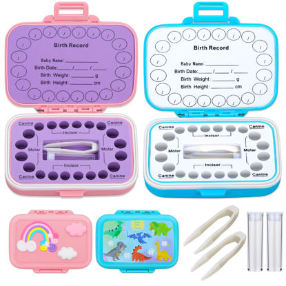 Picture of Caffox 2 Pack Tooth Holders for Kids Keepsake, Tooth Fairy Box, First Tooth Keepsake Box, Tooth Collection Container Boxes for Lost Teeth for Kids, Baby Teeth Saver Storage Case (Rainbow and Dinosaur)