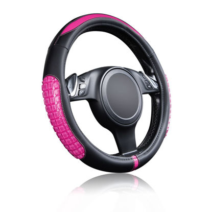 Picture of Flying Banner car Steering Wheel Cover Gel Massage Velvet Cool Warm Universal Size 15 inches SUV Truck Anti Slip Odorless Summer Winter (Black Pink, Gel Massage)