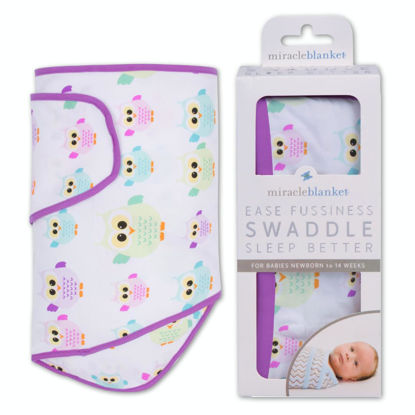 Picture of Miracle Blanket Swaddle Wrap - Boy, Girl, or Neutral Receiving Baby Blanket - Soft, Wearable Sleep Sack Essential for Newborns and Infants (Owls with Purple Trim)