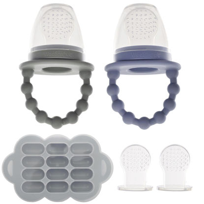 Picture of WeeSprout Silicone Baby Food Feeders + Freezer Tray for Batch Prep, Set of 2, Introduce New Foods Safely, Double as Teething Toys, Includes 2 Extra Pouches & Travel Lids, Dishwasher Safe