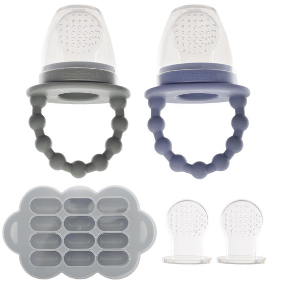 Picture of WeeSprout Silicone Baby Food Feeders + Freezer Tray for Batch Prep, Set of 2, Introduce New Foods Safely, Double as Teething Toys, Includes 2 Extra Pouches & Travel Lids, Dishwasher Safe