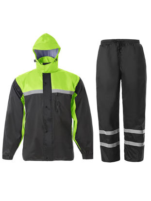 Picture of SaphiRose Men's Rain Suit High Visibility Reflective Work Rain Jacket Pants for All Sport Farm Fishing Motorcycle (Black/Green,Small)