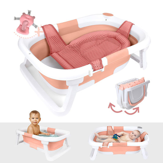 Picture of BEBELEH™ Collapsible Baby Bathtub - Bathtub + Baby tub Sling + Newborn Sling - Baby Bathtub Newborn to Toddler 0-24 Months - The Ultimate Travel Baby Bath Tub and Everyday Use! (Pink)