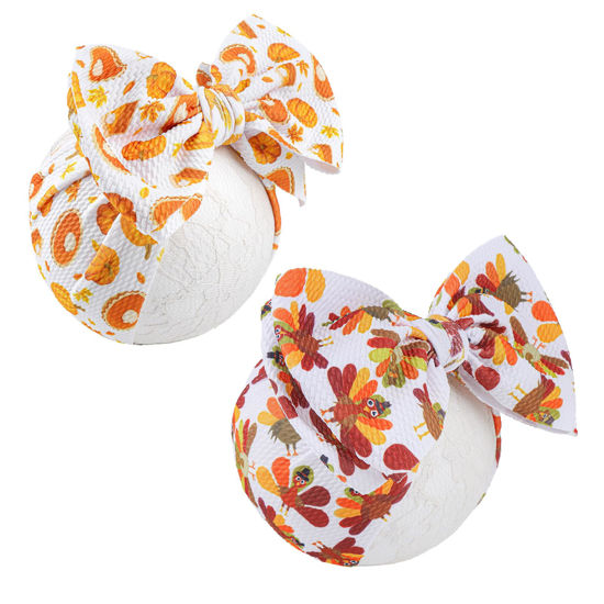 Picture of YanJie Thanksgiving Turkey Printed Handmade Pumpkin Bows for Baby Girls, Fall Theme Party Accessories for Infants, Toddlers