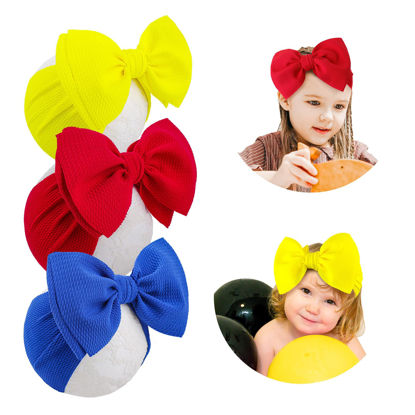 Picture of YanJie 3 Pack Baby Girl Headbands Big Bows Soft Infant Toddler Headbands Baby Hair Bows Elastics Hairbands Newborn Kids Red Yellow Blue