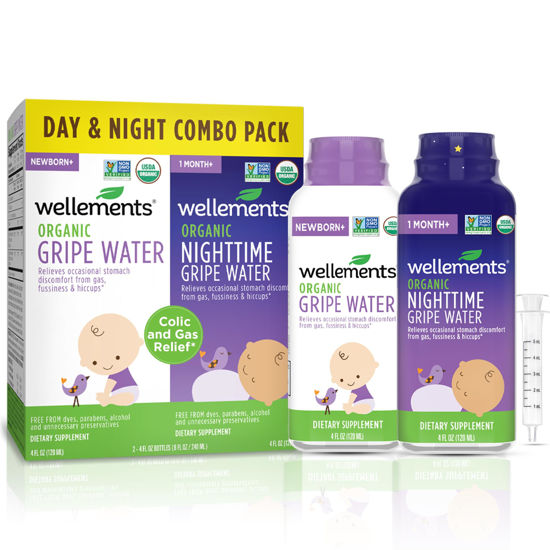 Picture of Wellements Organic Gripe Water for Babies Day & Night Combo Pack (4 Fl Oz) - Infant Gripe Water Newborn Calms Occasional Stomach Discomfort from Baby Gas, Colic, Hiccups & Fussiness - USDA Certified