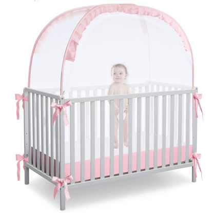 Picture of L RUNNZER Baby Pop Up Tent Cover Crib,See Through Crib and Nursery Soft Mesh Cover,Net with Viewing Window to Keep Baby in (55.2" L x 27.6" W x 51.6" H)