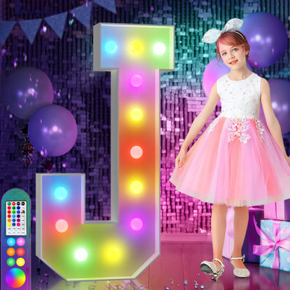 Picture of imprsv 4FT Colorful Marquee Light Up Letters J, 18 Colors Light Up Letters Alphabet Sign with Remote, One Letters First Birthday, Large Letters for Birthday Engagement Anniversary Wedding Party Decor