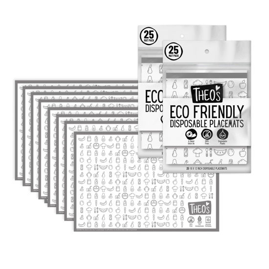 Picture of THEO'S 50 Pack Stick on Disposable Table Mats for Kids & Baby Led Weaning | Large 12" x 18" Restaurant Placemats in Re-usable Travel Pouch