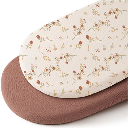 Picture of Konssy 2 Pack Muslin Fitted Bassinet Sheets for Baby Girl Boy, Soft Breathable Baby Bassinet Sheets Fit for Baby Bassinets, Cradle, Moses Basket Oval Rectangle Pad/Mattress (Chestnut, Posy)