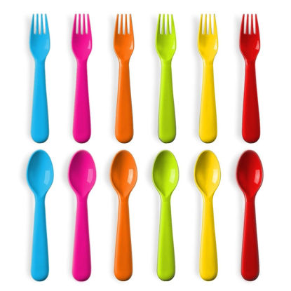 Picture of PLASKIDY Plastic Toddler Utensils Set of 12 Kids Utensils Forks and Spoons - BPA FREE/Dishwasher Safe Toddlers Silverware Set Brightly Colored Children's Safe Flatware Cutlery Set