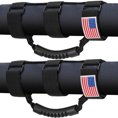 Picture of moveland Roll Bar Grab Handles with US Flag, 2 x Grip Handles for 1955-2023 Jeep Wrangler JL, JK, TJ, YJ & Jeep Gladiator Accessories - Upgrade Metal Buckle, Strong & Durable