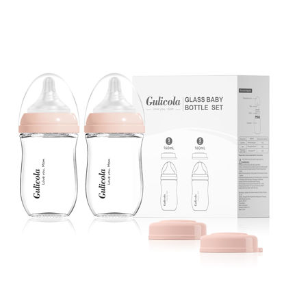 Picture of Gulicola Natural Glass Baby Bottle for Breastfeeding Babies, Newborn Anti-Colic Bottle Set with Slow Flow Nipple, 0-3 Months, 5 oz, 2 Pack - Pink