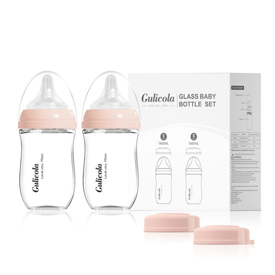 Picture of Gulicola Natural Glass Baby Bottle for Breastfeeding Babies, Newborn Anti-Colic Bottle Set with Slow Flow Nipple, 0-3 Months, 5 oz, 2 Pack - Pink