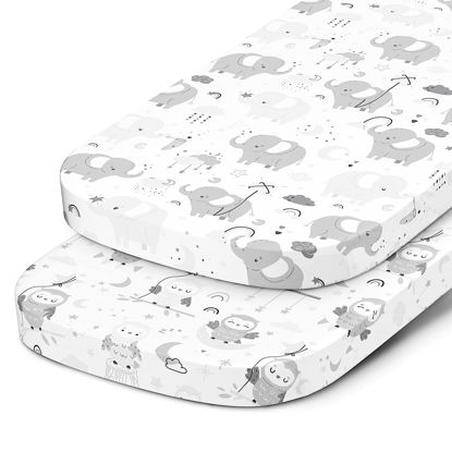 Picture of Bassinet Fitted Sheets for Baby Beside Dreamer Bassinet & Bedside Sleeper - Snuggly Soft 100% Jersey Cotton - 2 Pack - Grey Elephants, Cloud, Stars, Moon, Owl
