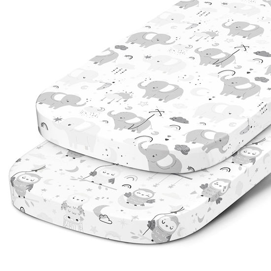 Picture of Bassinet Fitted Sheets for Baby Beside Dreamer Bassinet & Bedside Sleeper - Snuggly Soft 100% Jersey Cotton - 2 Pack - Grey Elephants, Cloud, Stars, Moon, Owl