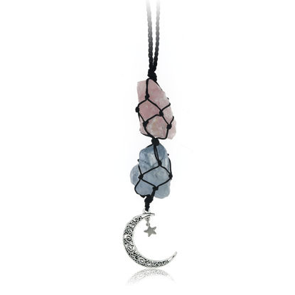 Picture of BOHO GARDEN Hanging Car Charm - Rose Quartz, Blue Calcite - Dangling Moon & Healing Crystal Accessories, Rearview Mirror Decorations - Love, Connection, Self-Worth, Calmness, Communication, Creativity