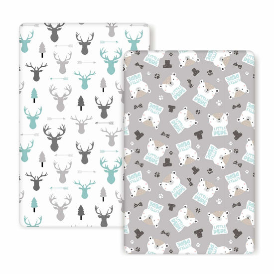 Picture of GRSSDER Stretchy Ultra Soft Jersey Knit Fitted Pack n Play Sheets 2 Pack, Playard Sheets for Baby Girls and Boys, Universal Fit for Pack N Plays Safe and Snug, Cute Bear and Deer