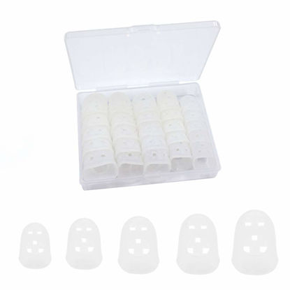Picture of 5 Sizes Guitar Fingertip Protector With Compact Box, Premium Silicone Guitar Finger Guards, Non-Slip Breathable Fingertip Protection Covers Caps for Guitar, Sewing, String Instruments (Transparent)