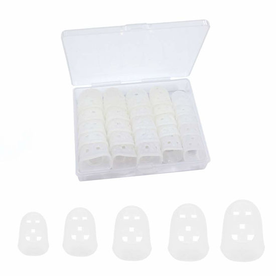 Picture of 5 Sizes Guitar Fingertip Protector With Compact Box, Premium Silicone Guitar Finger Guards, Non-Slip Breathable Fingertip Protection Covers Caps for Guitar, Sewing, String Instruments (Transparent)