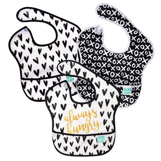 Picture of Bumkins Bibs for Girl or Boy, SuperBib Baby and Toddler for 6-24 Months, Essential Must Have for Eating, Feeding, Baby Led Weaning Supplies, Mess Saving Catch Food, Fabric 3-pk Hearts and XOXO
