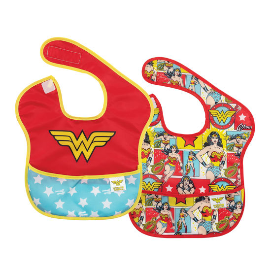 Picture of Bumkins Bibs for Girl or Boy, SuperBib Baby and Toddler for 6-24 Months, Essential Must Have for Eating, Feeding, Baby Led Weaning, Mess Saving Catch Food, Waterproof Soft Fabric, 2-pk Wonder Woman