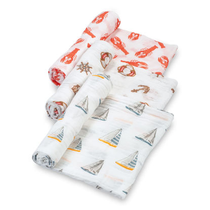 Picture of LollyBanks Swaddle Blanket | 100% Muslin Cotton | Gender Neutral Newborn and Baby Nursery Essentials for Girls and Boys, Registry | Sea 3 Pack