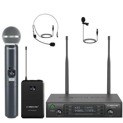 Picture of Phenyx Pro Wireless Microphone System, Dual Mic Set with Handheld/Bodypack/Lapel Mics,Auto Scan, 2x100 UHF Frequencies,328ft Range,Cordless Microphone for Singing, Karaoke, Church(PTU-71-1H1B)