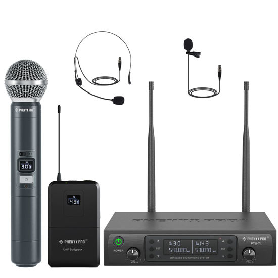 Picture of Phenyx Pro Wireless Microphone System, Dual Mic Set with Handheld/Bodypack/Lapel Mics,Auto Scan, 2x100 UHF Frequencies,328ft Range,Cordless Microphone for Singing, Karaoke, Church(PTU-71-1H1B)