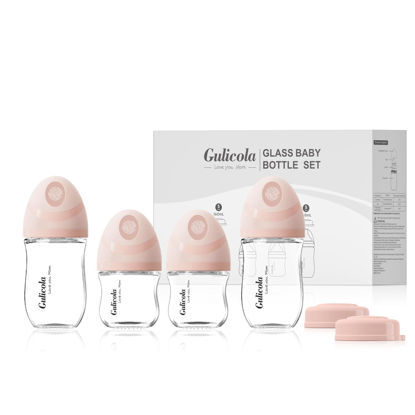 Picture of Gulicola Natural Glass Baby Bottles Set 4 Pack, Newborn Girl Breastfeeding Bottles with Slow Flow Nipples, 0 Months+, 3 oz & 5 oz - Pink