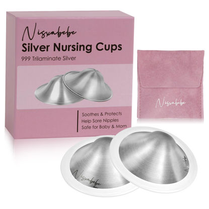 Picture of Nisxabebe The Original Silver Nursing Cups-Nipple Shields for Breastfeeding Newborn-Breast Feeding Essentials Must Haves-Nipple Covers to Protect Nursing Nipples,Trilaminate 999 Silver,Regular Size