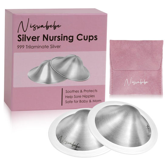 Picture of Nisxabebe The Original Silver Nursing Cups-Nipple Shields for Breastfeeding Newborn-Breast Feeding Essentials Must Haves-Nipple Covers to Protect Nursing Nipples,Trilaminate 999 Silver,Regular Size