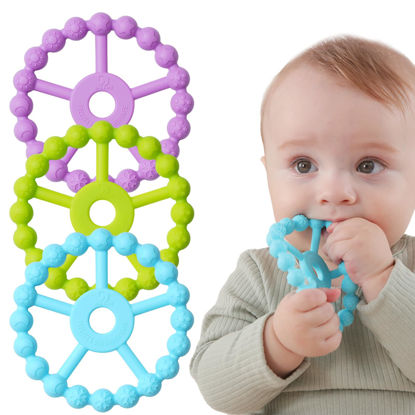 Picture of 3 Pack Ring Teether, Silicone Teething Ring Toys for Babies 0-6 Months, Seposeve Baby Teethers 6-12 Months 12-24 Months, Easy to Grasp Toy for Baby Teething Relief, Light Purple Green Blue