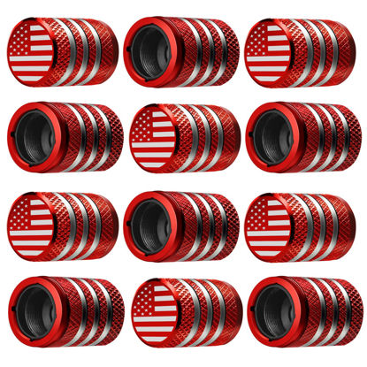 Picture of Tire Valve Stem Cap Cover - (12 Pack) Tire Air Cap Metal with Plastic Liner Corrosion Resistant Leak-Proof American Flag for Car Truck Motorcycle Bike Red