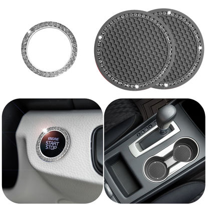 Picture of EcoNour Car Cup Coasters White with Start Button (2 Pack) | Anti-Slip Car Coasters for Cup Holders | Classy & Elegant Rhinestone Car Interior Accessories for Women