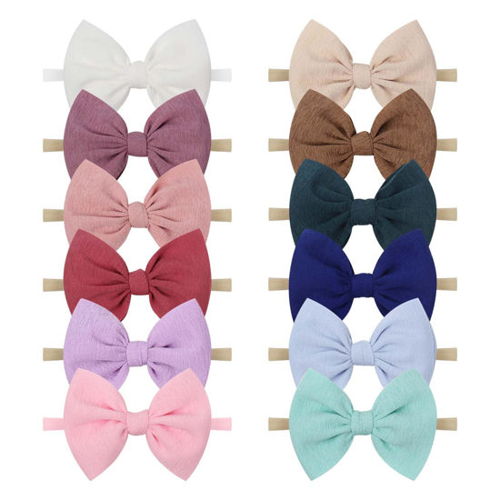 Picture of YanJie Baby Girls Nylon Headbands Newborn Bows Handmade Hair Bows Hairbands Hair Accessories for Newborn Infant Toddlers Kids (4.5bow 12colors)