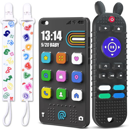 Picture of Kaodezhu TV Remote Control Shape Baby Teething Toys and Phone Shape Teether Toys for Babies 6-12 Months, Soft Flexible Silicone Chew Toys for Baby - Black