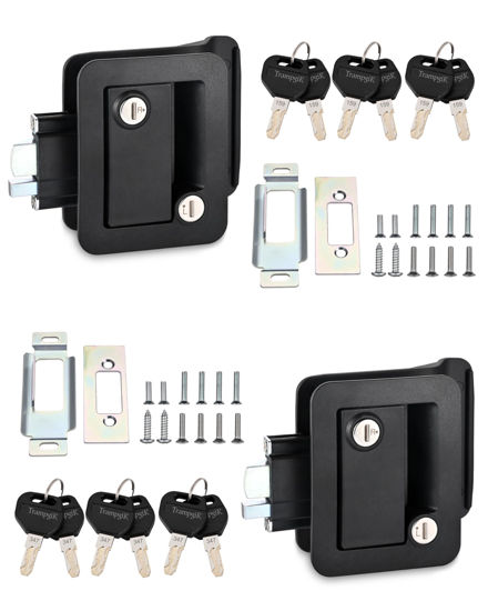Picture of TrampgiK Engineering Plastic Camper Door Lock, Camper Door Handle Latch Replacement, Fit 3.65" x 2.95" Lock Hole, RV Door Lock for Travel Trailers, Entrance Front Door, Pack of 2 Different Keys