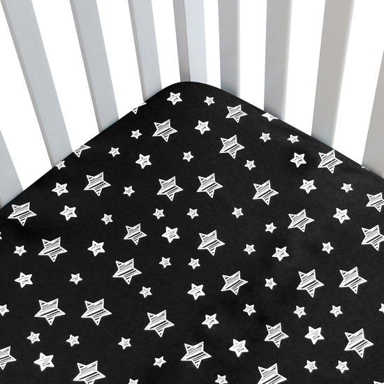 Picture of Baby Crib Sheets, Crib Sheets for Boys Girls, Baby Crib Fitted Sheet Snug Fit for Crib Mattress, Silky Soft Microfiber 52'' x 28'' Crib Sheet Fits Standard Size Crib, Black Star