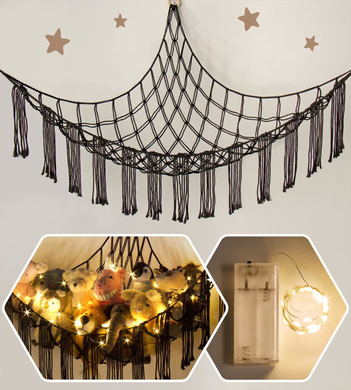 Picture of RelaxScene Macrame Stuffed Animal Hammock Corner with LED Light - Black Toy Storage Hammock Plushie Net Organizer Display - Teddy Bear Stuffy Hammock - Boy Bedroom Decor Cool