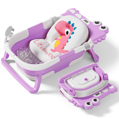 Picture of Alligator Collapsible Baby Bathtub for Newborn with Thermometer & 1 Soft Floating Cushion & Drain Hole, Foldable & Portable Travel Baby Bath Tub for Newborns to Toddlers 0-36 Months Girl, PurpleWhite