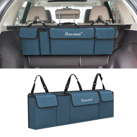 Picture of Car Trunk Organizer and Storage, Backseat Hanging Organizer for SUV, Truck, MPV, Waterproof, Collapsible Cargo Storage Bag with 4 Pockets, Car Accessories for Men and Women (Blue)