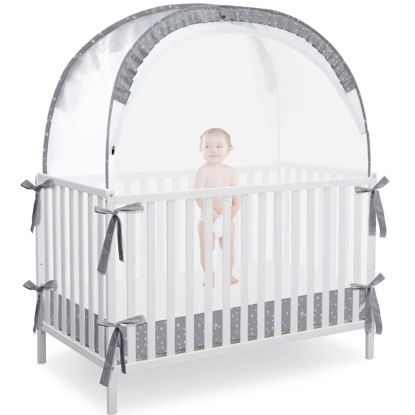 Picture of L RUNNZER Pop Up Baby Crib Tent, Baby Crib Net Canopy to Keep Baby in, Crib Mosquito Net with Viewing Window, Soft Mesh Cover & Pop Up Structure, Gray+stars (R07-gstar)