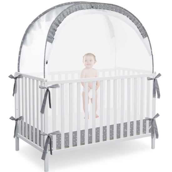 Picture of L RUNNZER Pop Up Baby Crib Tent, Baby Crib Net Canopy to Keep Baby in, Crib Mosquito Net with Viewing Window, Soft Mesh Cover & Pop Up Structure, Gray+stars (R07-gstar)