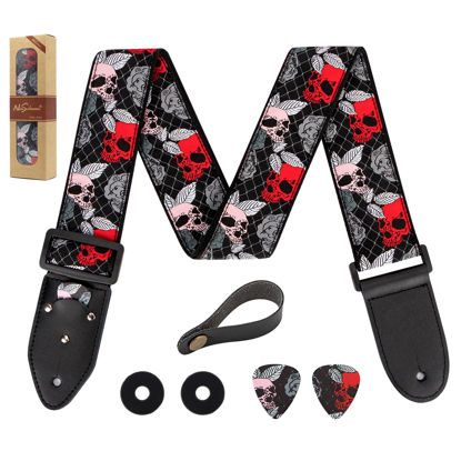 Picture of Skull Guitar Strap, Jacquard Weave Embroidered Guitar Straps, Includes Strap Button & 2 Unique Picks & 2 Strap Locks. For Bass, Electric & Acoustic Guitars. Best Gift for Men & Women Guitarists