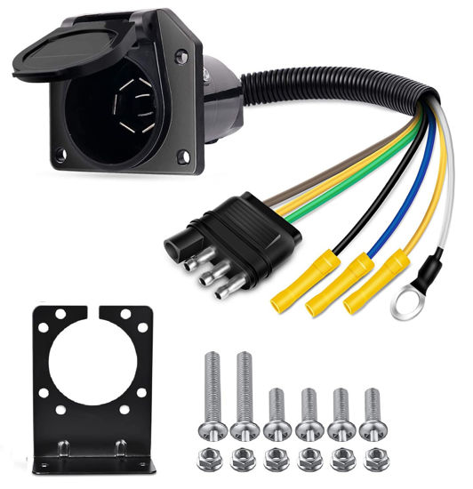 Picture of Nilight 4-Way Flat to 7-Way Round RV Blade Trailer Adapter Reverse Plug with mounting Bracket