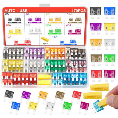 Picture of Fuses Car Fuses Assortment Kit,168pcs Standard & Mini Sized Blade Fuse Kit (2A 3A 5A 7.5A 10A 15A 20A 25A 30A 40A) with Fuse Pullers for Boat Truck SUV Auto RV