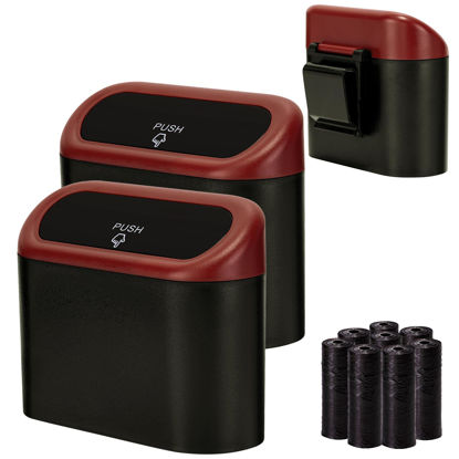 Picture of Ginsco 2 Pack Mini Car Trash Can with Lid, Small Car Garbage Can, Cute Leakproof ABS Car Trash Bin, Car Accessories for Interior, Garbage Bin for Car, Home, Office with 120pcs Trash Bags Black/Red