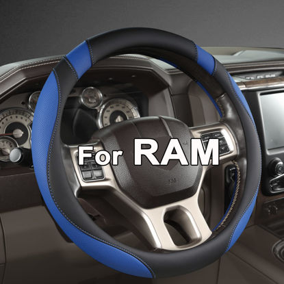 Picture of West Llama Customized Auto Car Steering Wheel Cover for Dodge RAM 1500 2500 3500, 15.5-16 inch (Black+Blue-Large Size)